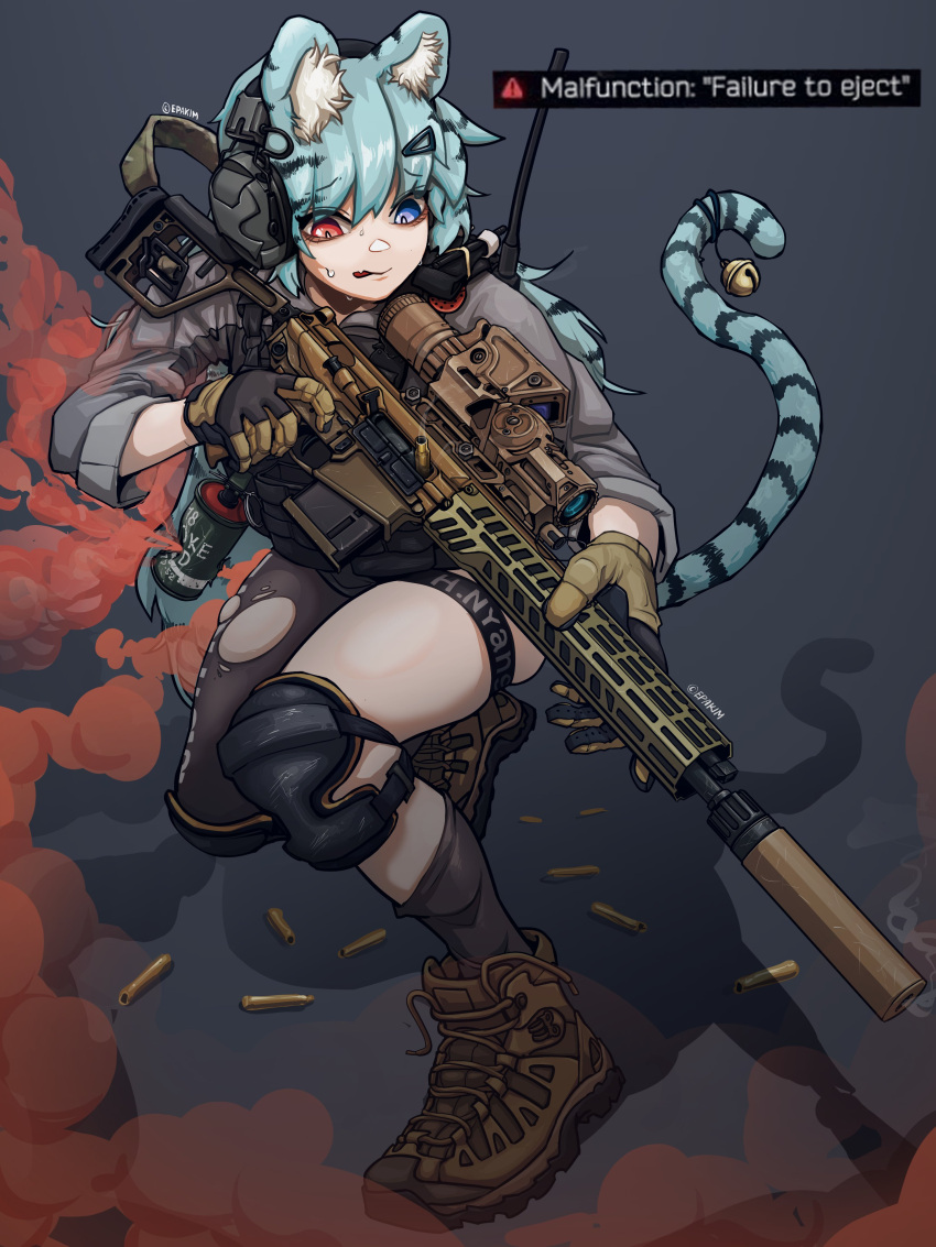 !, 1girl, absurdres, animal_ears, bell, blue_eyes, blue_hair, boots, bulletproof_vest, cat_ears, cat_girl, cat_tail, english_text, epakim, fang, gloves, gun, gun_malfunction, headset, heterochromia, highres, jingle_bell, knee_pads, original, radio, red_eyes, rifle, shell_casing, sig_mcx, sleeves_rolled_up, smoke, smoke_grenade, solo, suppressor, tail, thigh-highs, trigger_discipline, weapon