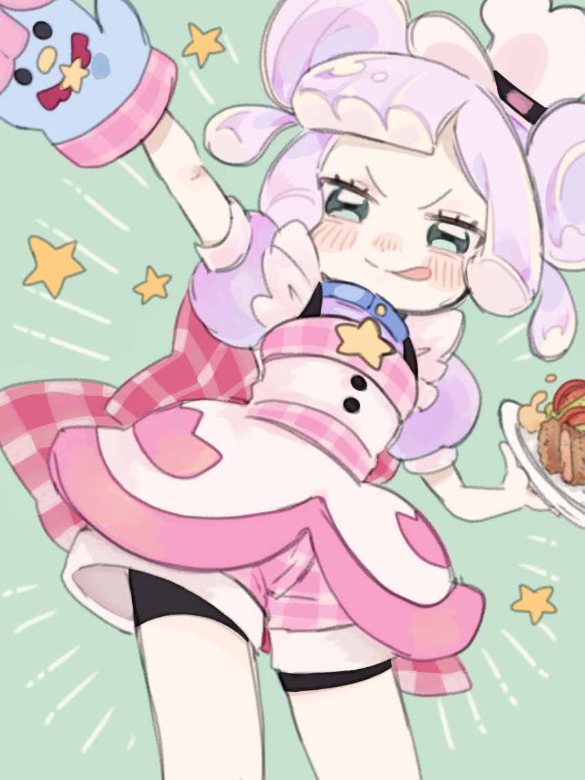1girl, :p, bike_shorts, blush, chef_hat, commentary_request, double_bun, dress
