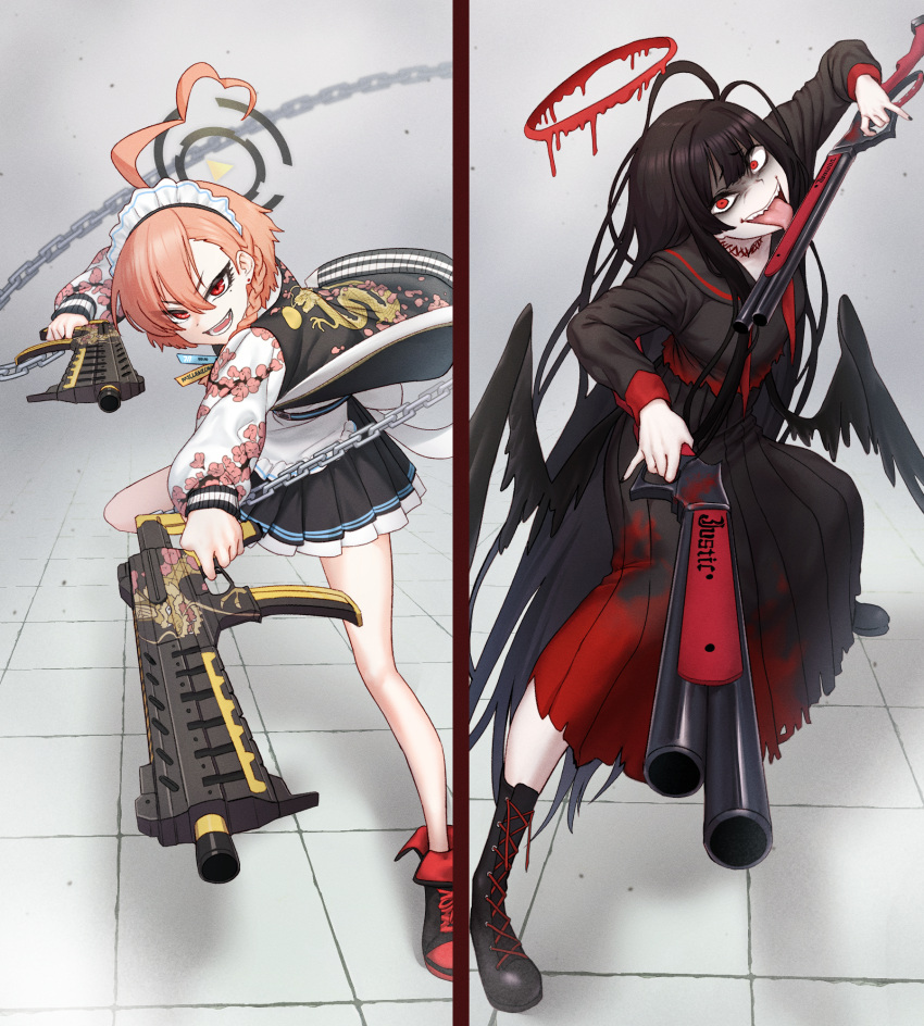 ahoge, aiming, blood, blood_halo, blue_archive, feathered_wings, greenteamousou, gun