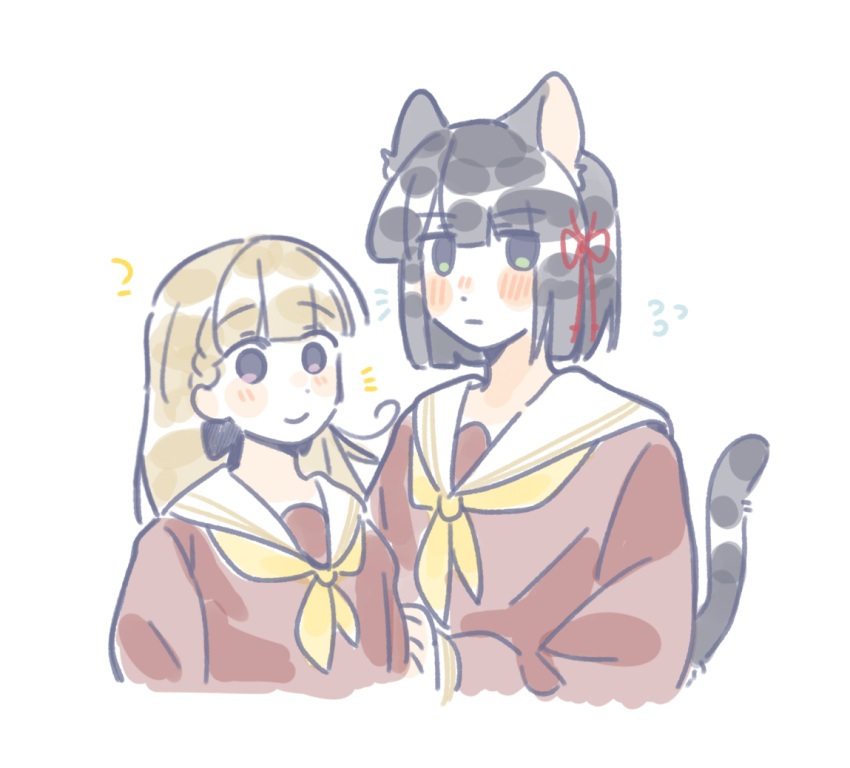 2girls, :|, ?, animal_ears, averting_eyes, black_hair, blunt_bangs, blunt_ends