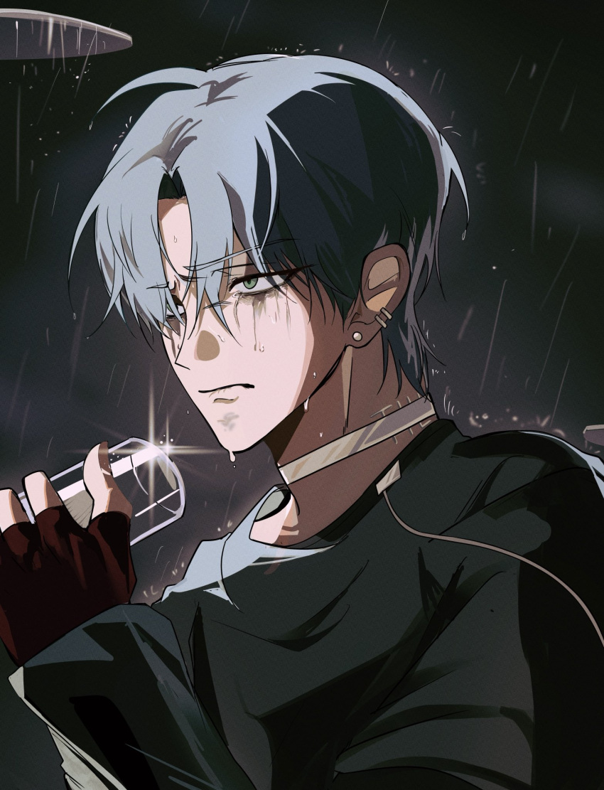 1boy, alien_stage, black_shirt, brown_gloves, closed_mouth, commentary, ear_piercing, earrings, fingerless_gloves, gang_1244, gloves, green_eyes, grey_hair, hashtag-only_commentary, highres, holding, holding_microphone, jewelry, long_sleeves, male_focus, microphone, neck_tattoo, piercing, portrait, rain, shirt, short_hair, silver_choker, solo, tattoo, till_(alien_stage), very_short_hair