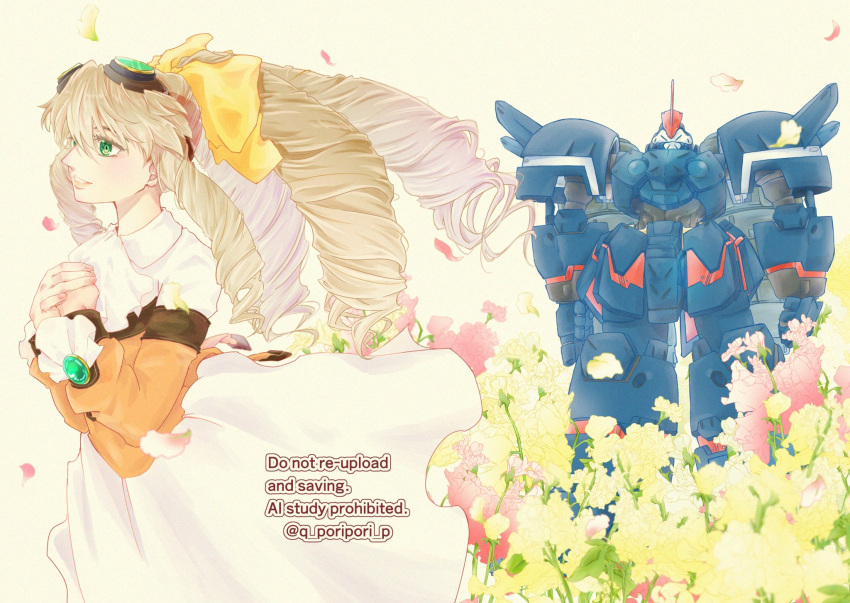 1girl, ascot, blonde_hair, bow, commentary_request, dress, drill_hair, field, flower, flower_field, goggles, goggles_on_head, green_eyes, hair_bow, hands_on_own_chest, highres, long_hair, looking_ahead, maria_balthasar, mecha, own_hands_together, pink_flower, q_poripori_p, robot, seibzehn, smile, white_ascot, white_background, white_dress, xenogears, yellow_bow, yellow_flower