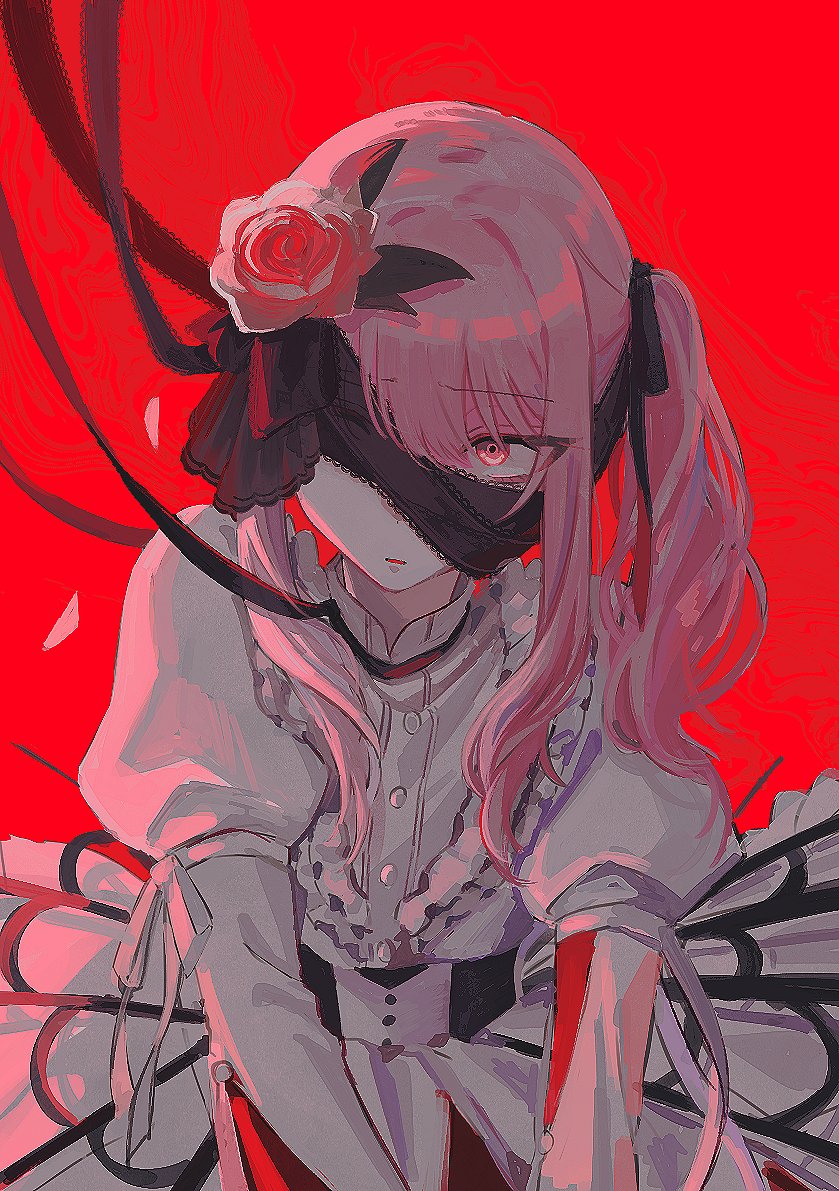 1other, akiyama_mizuki, angst, black_blindfold, black_ribbon, blindfold, commentary, dress