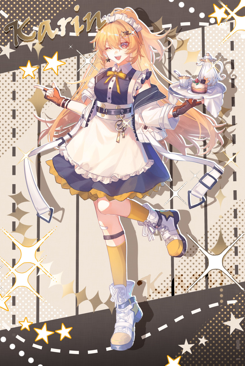 1girl, ;d, absurdres, alternate_costume, apron, benghuai_xueyuan, black_dress, blonde_hair, cake, character_name, commentary, cup, dress, earrings, english_text, enmaided, fingerless_gloves, food, foot_up, frilled_apron, frilled_dress, frills, full_body, gloves, hair_ornament, hairclip, highres, holding, holding_tray, honkai_(series), jacket, jewelry, karin_mered, kurokunry, long_hair, maid, maid_headdress, off_shoulder, one_eye_closed, smile, socks, solo, star_(symbol), star_earrings, star_hair_ornament, teacup, teapot, tray, white_apron, white_footwear, white_jacket, yellow_socks, zipper