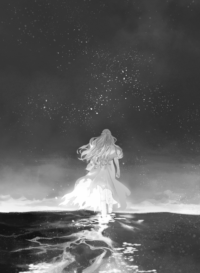 1girl, facing_away, final_fantasy, final_fantasy_xiv, from_behind, greyscale, half_up_braid, highres