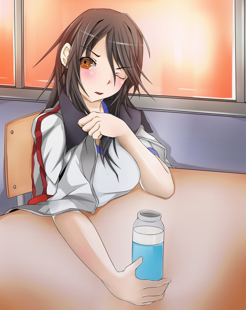 1girl, bare_arms, black_hair, blush, bottle, breasts, brown_hair, chair