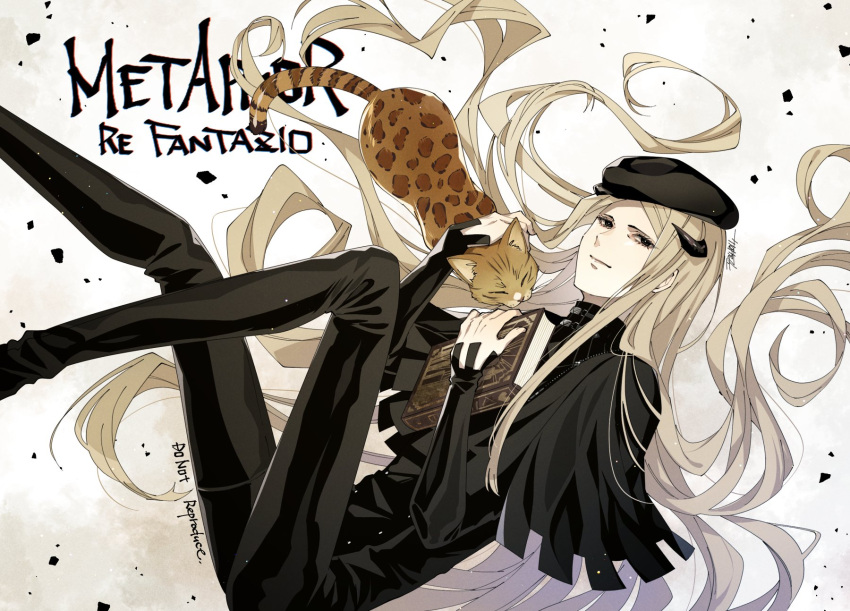 1boy, absurdly_long_hair, animal, arm_up, beret, black_hat, black_pants, black_shawl