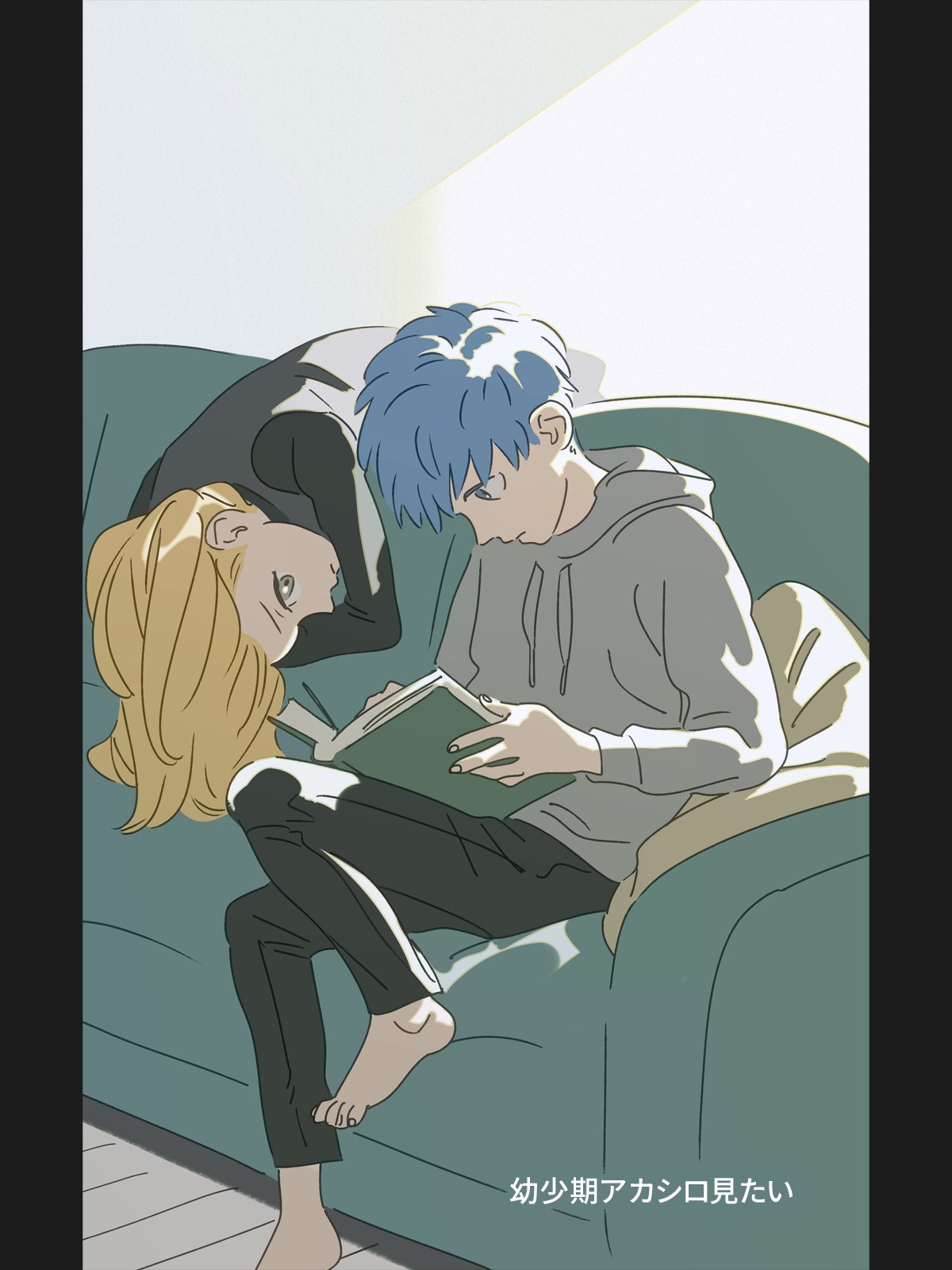 1boy, 1girl, aged_down, barefoot, black_pants, black_shirt, blonde_hair, blue_hair