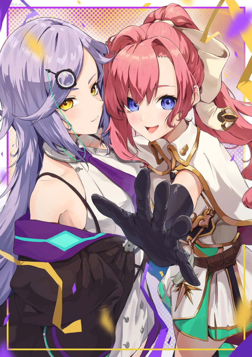 2girls, belt, black_gloves, blue_eyes, bow, breasts, elbow_gloves, gloves