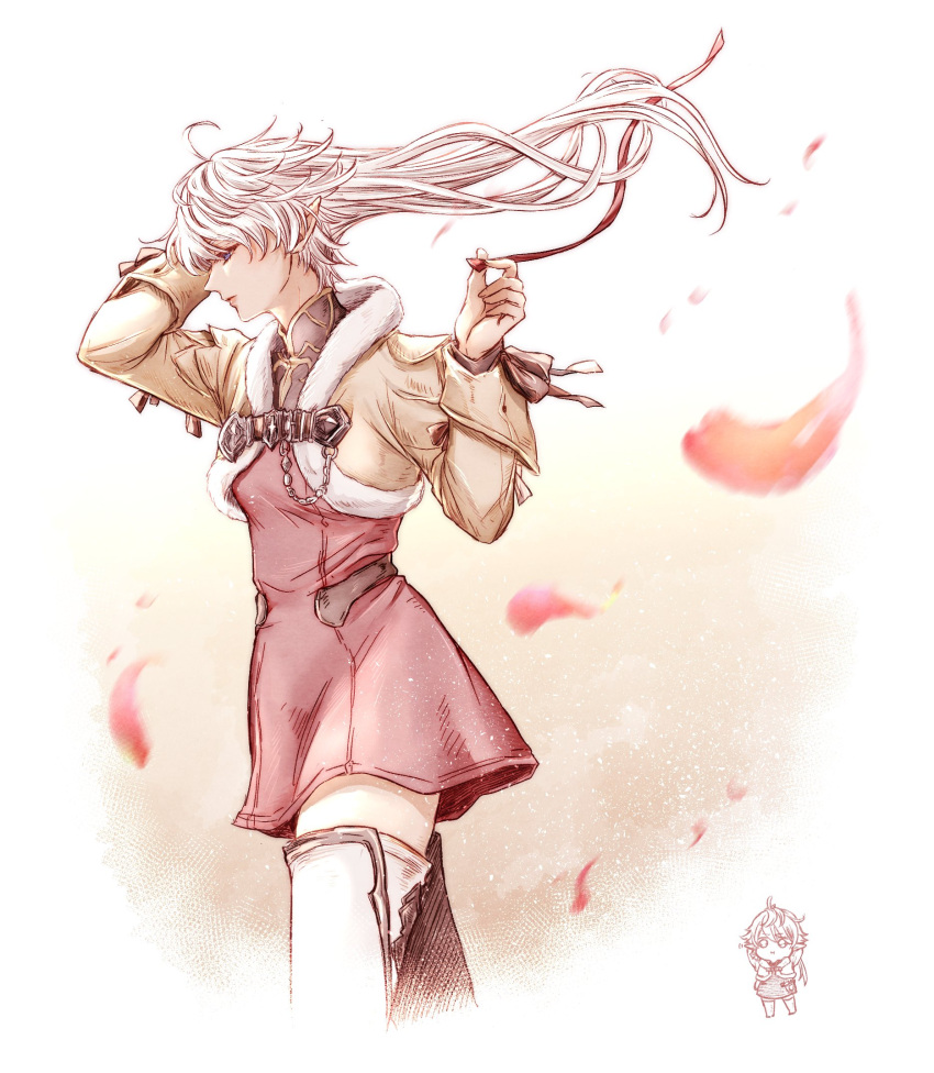 1girl, ahoge, character_request, chibi, chibi_inset, commentary, cropped_jacket, dress