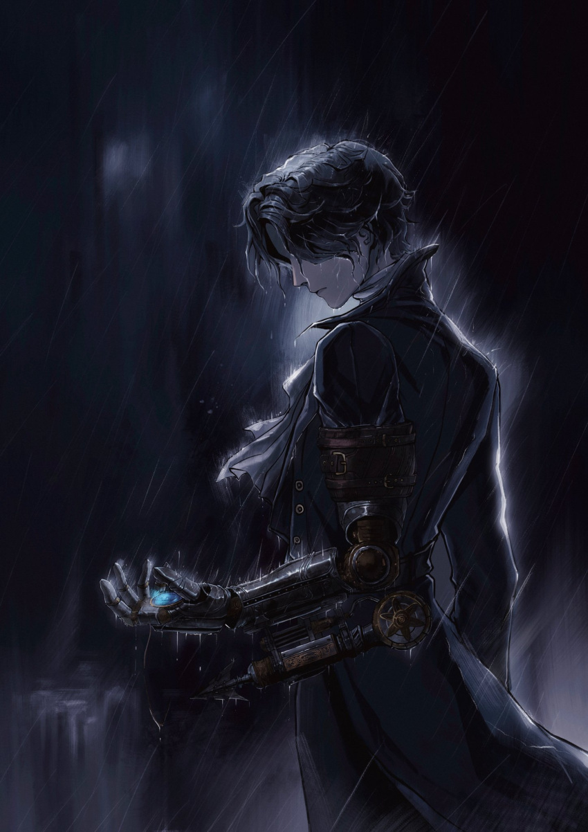 1boy, ascot, black_hair, blue_coat, blurry, blurry_background, closed_mouth, coat