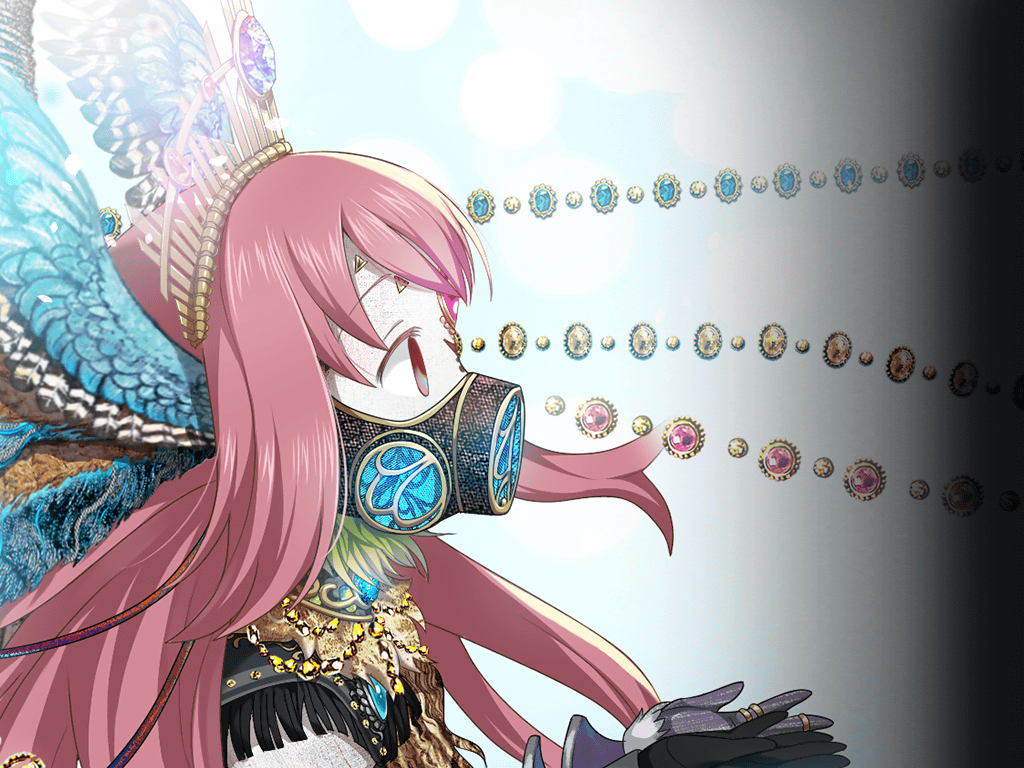 1girl, artist_request, bird_wings, black_gloves, black_mask, black_shirt, blue_background, blue_wings, brown_eyes, brown_hair, circlet, colored_skin, covered_mouth, crown, epaulettes, feathered_wings, floating_hair, forehead_jewel, from_side, fur-trimmed_gloves, fur_trim, game_cg, gas_mask, gloves, gold_crown, gold_necklace, gold_ring, head_wings, himuro_lavi, himuro_lavi_(kimochi_ver.), jewelry, long_hair, magia_record:_mahou_shoujo_madoka_magica_gaiden, magical_girl, mahou_shoujo_madoka_magica, mask, multiple_rings, necklace, official_alternate_costume, official_art, outstretched_hand, pink_gemstone, ring, shirt, short_sleeves, solo, tareme, upper_body, white_skin, wings