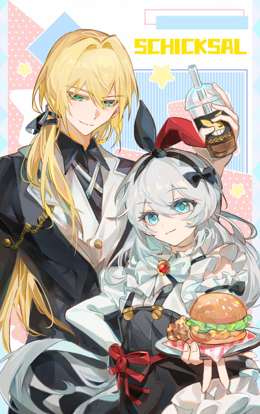 1boy, 1girl, apron, black_apron, black_hairband, black_jacket, black_shirt, blonde_hair