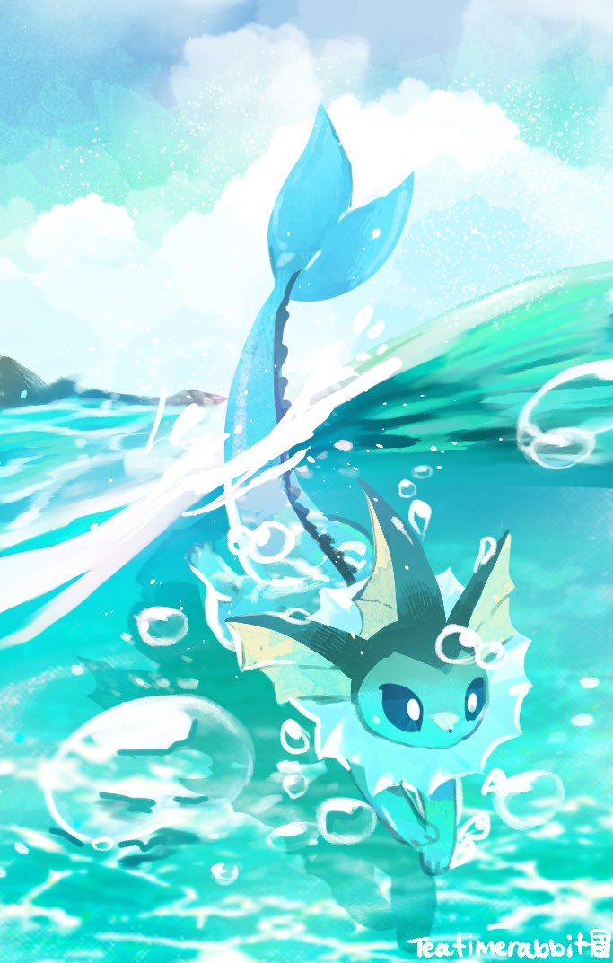 animal_focus, blue_eyes, bubble, clouds, day, fins, forked_tail, no_humans
