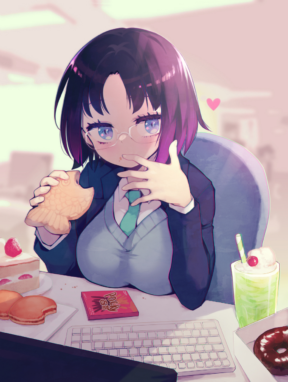 1girl, black_jacket, blue_eyes, blurry, blurry_background, breasts, cake, cake_slice