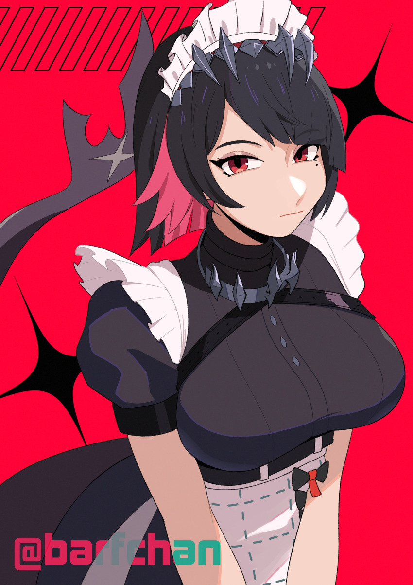 1girl, barfchan, black_hair, bob_cut, breasts, ellen_joe, fins, fish_tail