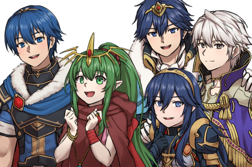 2girls, 3boys, :d, armor, blue_eyes, blue_hair, brand_of_the_exalt, brown_eyes, chrom_(crowned_exalt)_(fire_emblem), chrom_(fire_emblem), closed_mouth, fire_emblem, fire_emblem:_mystery_of_the_emblem, fire_emblem_awakening, fire_emblem_heroes, green_eyes, green_hair, grey_hair, hair_between_eyes, hand_on_another's_shoulder, highres, long_hair, lucina_(fire_emblem), lucina_(glorious_archer)_(fire_emblem), marth_(fire_emblem), multiple_boys, multiple_girls, official_alternate_costume, open_mouth, pointy_ears, ponytail, robin_(fire_emblem), robin_(male)_(exalt's_other_half)_(fire_emblem), robin_(male)_(fire_emblem), short_hair, shoulder_armor, smile, symbol_in_eye, teeth, tiara, tiki_(fire_emblem), tiki_(young)_(fire_emblem), upper_body, upper_teeth_only, white_background, zuzu_(ywpd8853)
