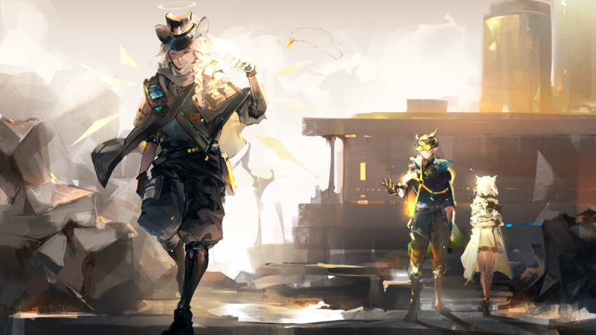 1boy, 2girls, angel_wings, animal_ears, arknights, black_jacket, black_pants, boots