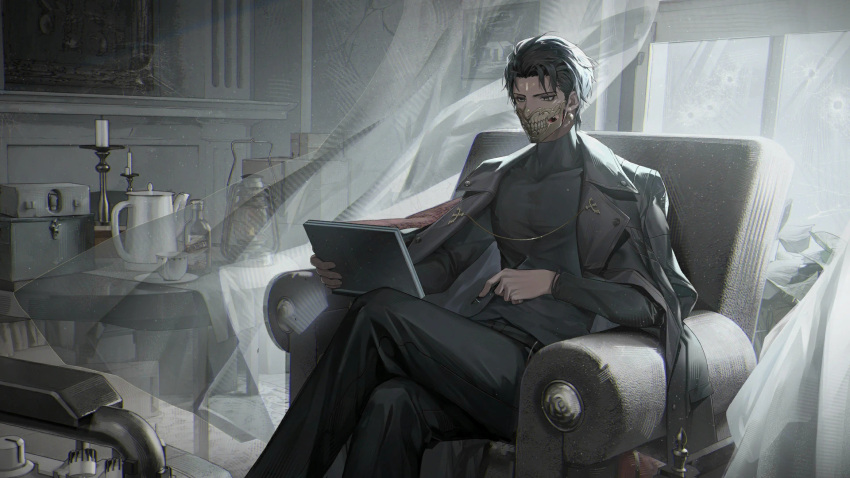 1boy, black_hair, black_jacket, black_pants, black_shirt, bullet_hole, candlestand, chinese_commentary