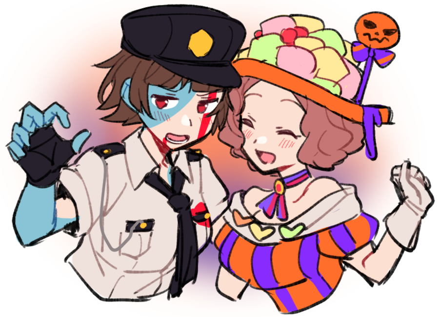 2girls, alternate_costume, bare_shoulders, black_gloves, black_necktie, blush, brown_hair, choker, closed_eyes, collared_shirt, do_m_kaeru, dress, fingerless_gloves, gloves, halloween_costume, hat, jack-o'-lantern_ornament, lower_teeth_only, multiple_girls, necktie, niijima_makoto, off-shoulder_dress, off_shoulder, okumura_haru, open_mouth, orange_dress, persona, persona_5, police_hat, red_eyes, shirt, short_hair, striped_clothes, striped_dress, teeth, upper_body, vertical-striped_clothes, vertical-striped_dress, white_gloves