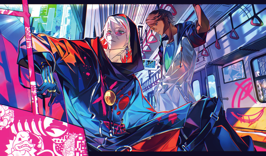 2boys, absurdres, alternate_costume, arjuna_(fate), baggy_clothes, black_eyes, black_jacket, black_pants