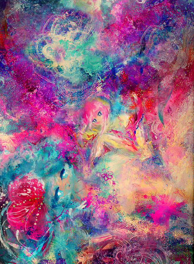 abstract, blue_eyes, chikuwa_emil, original, pink_hair, psychedelic, sitting, solo