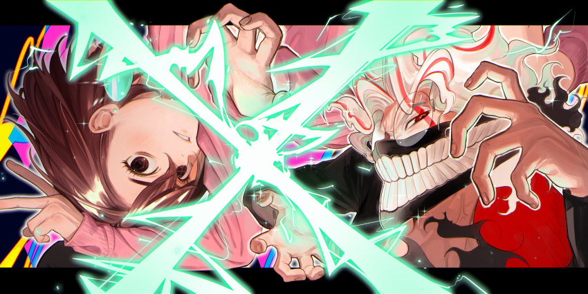 1boy, 1girl, ayase_momo, black_background, black_border, black_jacket, blush, border, brown_eyes, brown_hair, commentary, curled_fingers, dandadan, electricity, from_side, gakuran, glasses, hair_between_eyes, hashtag-only_commentary, highres, jacket, letterboxed, looking_at_viewer, looking_to_the_side, messy_hair, mqiii9, multicolored_hair, outline, outside_border, parted_bangs, pink_background, red_eyes, redhead, rotational_symmetry, round_eyewear, school_uniform, short_hair, spread_fingers, streaked_hair, takakura_ken_(dandadan), teeth_print_mask, upside-down, v, veiny_neck, wavy_hair, white_hair, white_outline