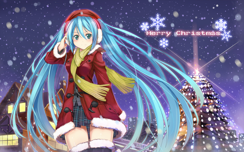 1girl, aqua_hair, beek, blush, boots, christmas, christmas_tree, earmuffs