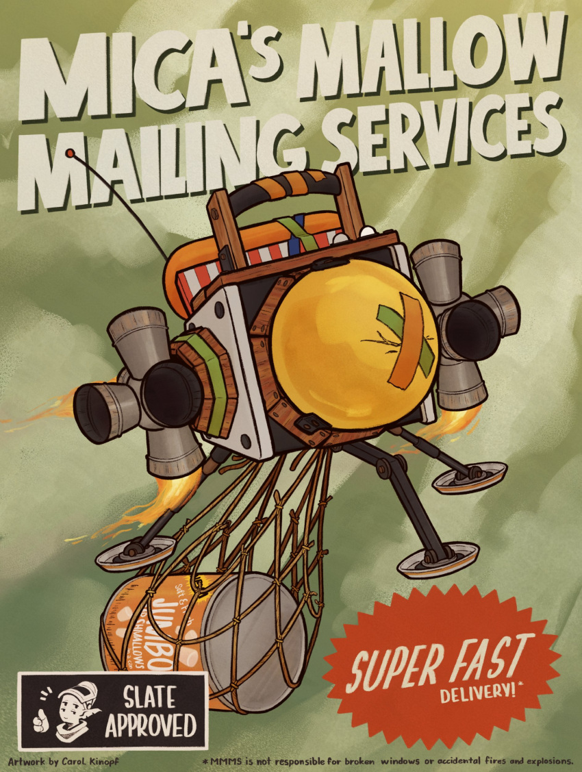 absurdres, ad, advertisement_redraw, artist_name, basket, can, carolkinopf, fishing_net, food, highres, marshmallow, mica_(outer_wilds), outer_wilds, radio_antenna, rocket, slate_(outer_wilds), tape, thumbs_up