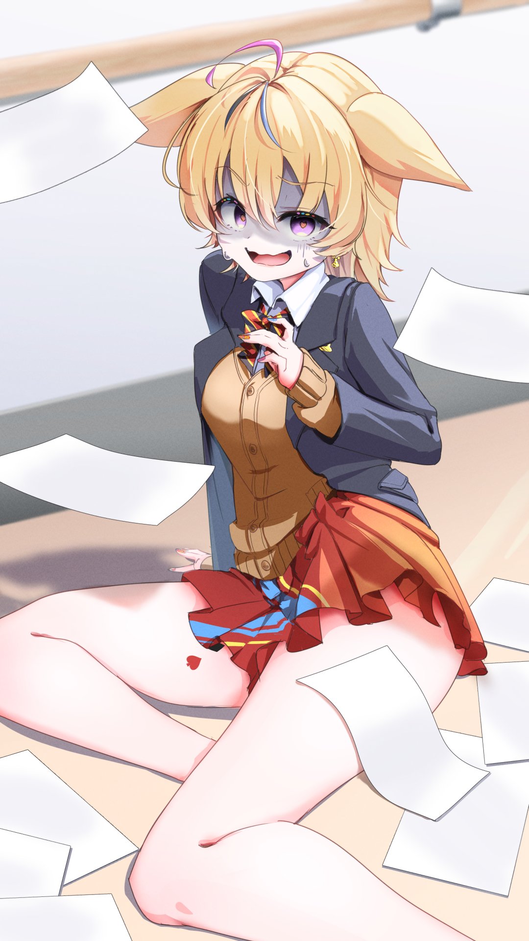 1girl, ahoge, animal_ear_fluff, animal_ears, bare_legs, black_hair, black_jacket, blazer
