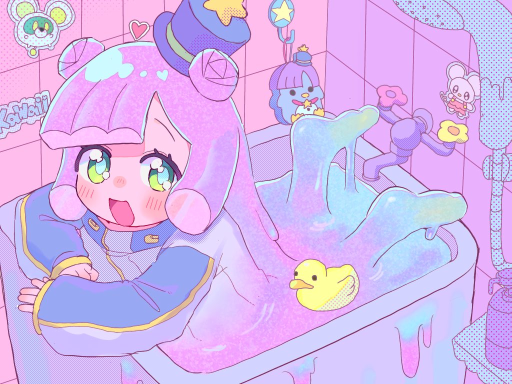 1girl, :d, barefoot, bathing, bathtub, blue_hat, blush, chikuwa_(tikuwa_primagi)