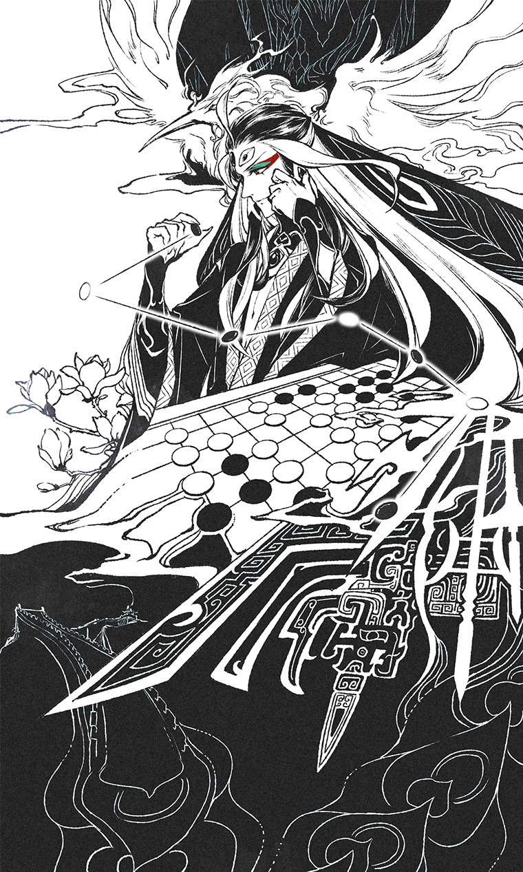 1boy, bird, creature, fate/grand_order, fate_(series), flower, freki, from_side, greyscale, highres, long_hair, looking_at_viewer, looking_to_the_side, male_focus, monochrome, phoenix, shi_huang_di_(fate), solo