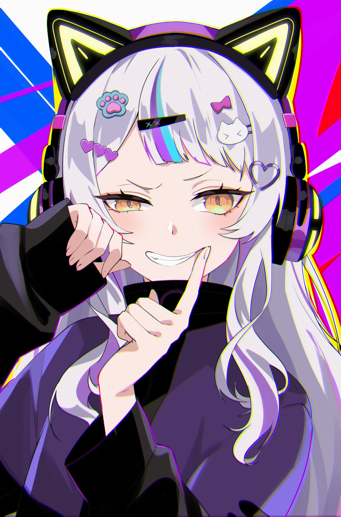 1girl, 8nu4, animal_ear_headphones, animal_ears, cat_ear_headphones, commentary, fake_animal_ears, finger_to_mouth, grey_hair, grin, hands_up, headphones, highres, hololive, jacket, long_hair, looking_at_viewer, multicolored_background, murasaki_shion, murasaki_shion_(8th_costume), official_alternate_costume, purple_jacket, sleeves_past_wrists, smile, solo, straight-on, symbol-only_commentary, teeth, upper_body, virtual_youtuber, yellow_eyes