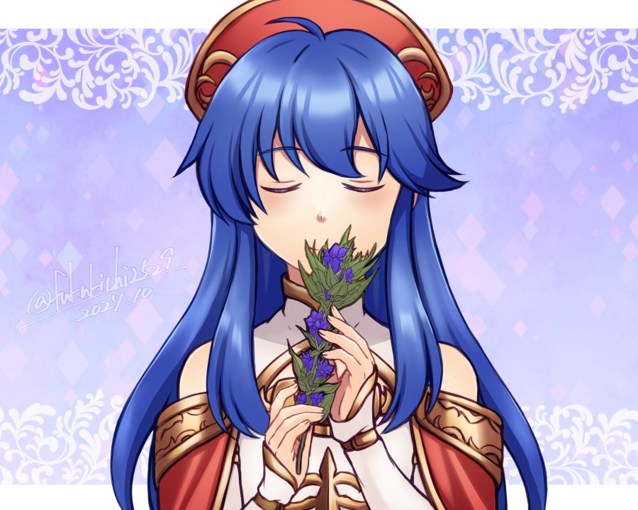 1girl, bare_shoulders, blue_hair, closed_eyes, closed_mouth, dated, dress, fire_emblem