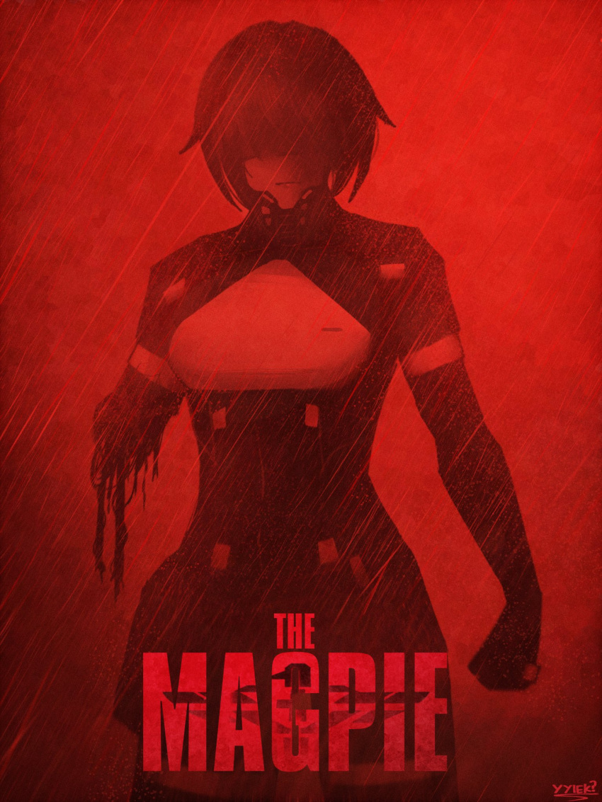 1girl, amputee, android, batman_(series), black_hair, dc_comics, elster_(signalis), eyes_in_shadow, highres, poster_parody, rain, red_theme, short_hair, signalis, signature, the_batman_(2022), yyiek?