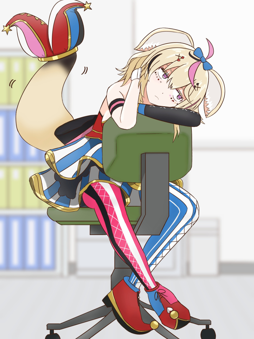 1girl, ahoge, animal_ear_fluff, animal_ears, arm_strap, asymmetrical_legwear, black_gloves, black_hair, blonde_hair, blue_bow, blue_skirt, blue_thighhighs, blurry, blurry_background, bow, chair, closed_mouth, commentary_request, cross-laced_clothes, cross-laced_legwear, elbow_gloves, endou_tengu, facial_mark, fox_ears, fox_girl, fox_tail, frown, full_body, gloves, hair_bow, hair_ornament, hairclip, hat, heart, heart-shaped_pupils, highres, hololive, indoors, jester_cap, layered_skirt, long_hair, miniskirt, mismatched_legwear, multicolored_hair, office_chair, omaru_polka, omaru_polka_(1st_costume), on_chair, pink_hair, pink_thighhighs, pointy_footwear, prehensile_tail, red_footwear, shoes, single_elbow_glove, single_glove, sitting, skirt, solo, streaked_hair, striped_clothes, striped_thighhighs, swivel_chair, symbol-shaped_pupils, tail, tail_raised, thigh-highs, tilted_headwear, unworn_headwear, vertical-striped_clothes, vertical-striped_thighhighs, violet_eyes, virtual_youtuber, wrist_cuffs, x_hair_ornament