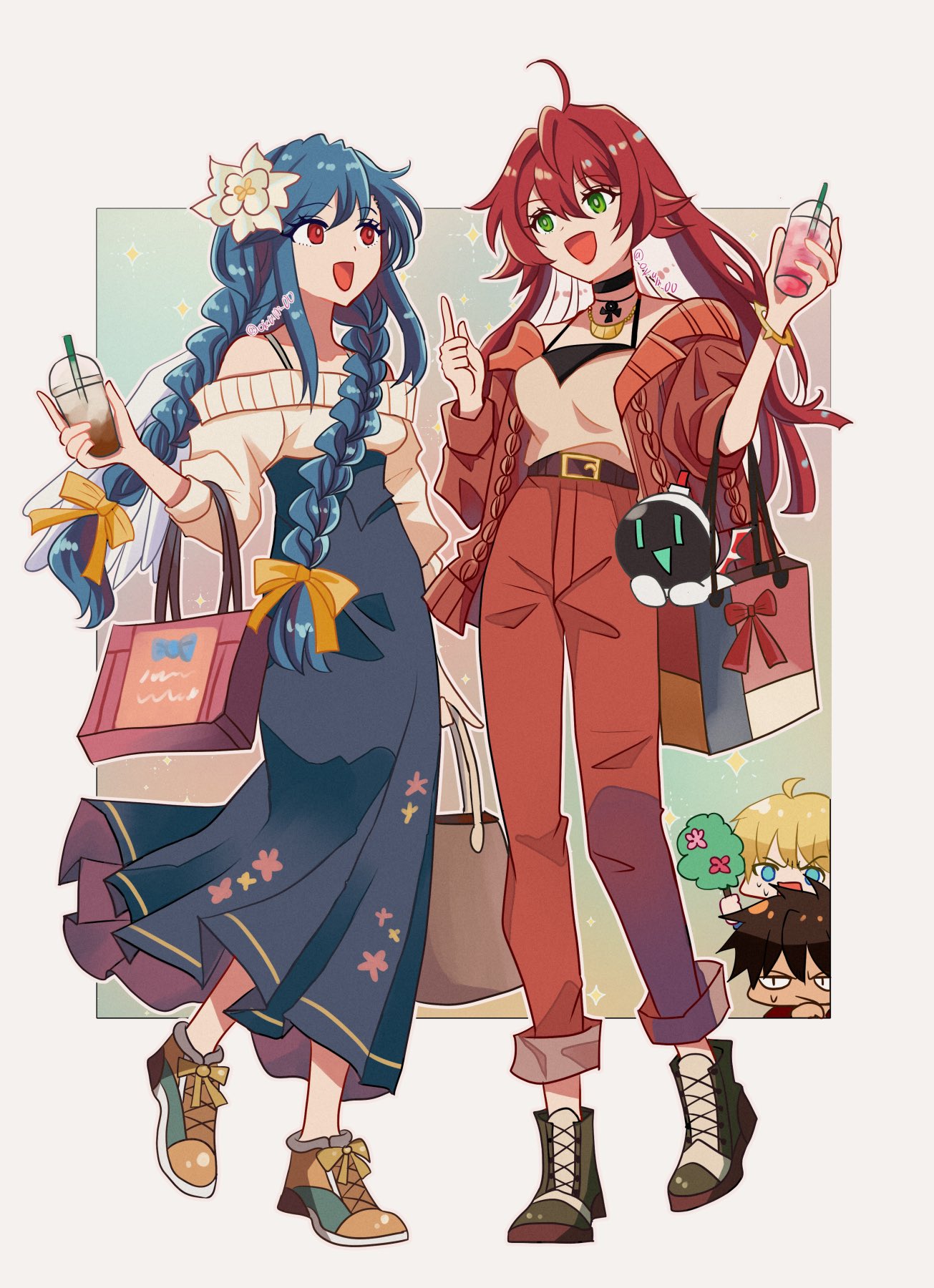 2boys, 2girls, blonde_hair, blue_hair, casual, character_request, dizzy_(guilty_gear), drink