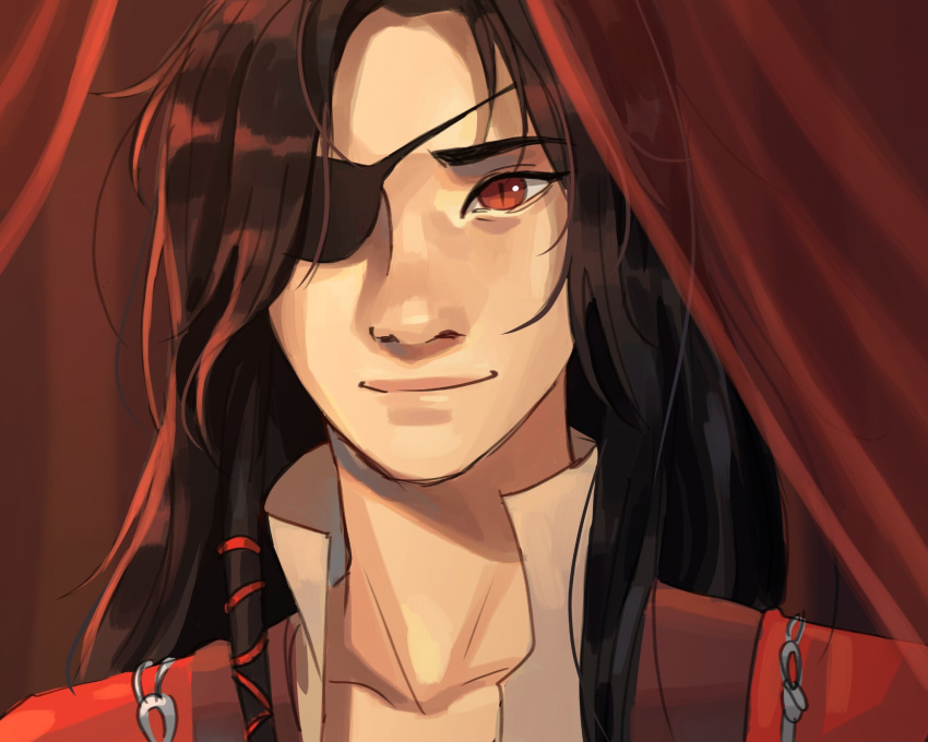 1boy, black_hair, closed_mouth, commentary, curtains, derivative_work, english_commentary, eyepatch