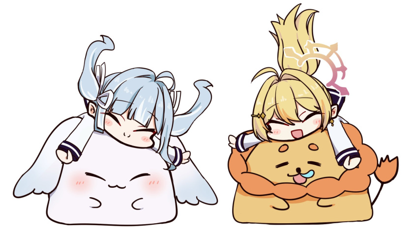 2girls, ahoge, alternate_costume, amaui, blonde_hair, blue_hair, blunt_bangs, blush
