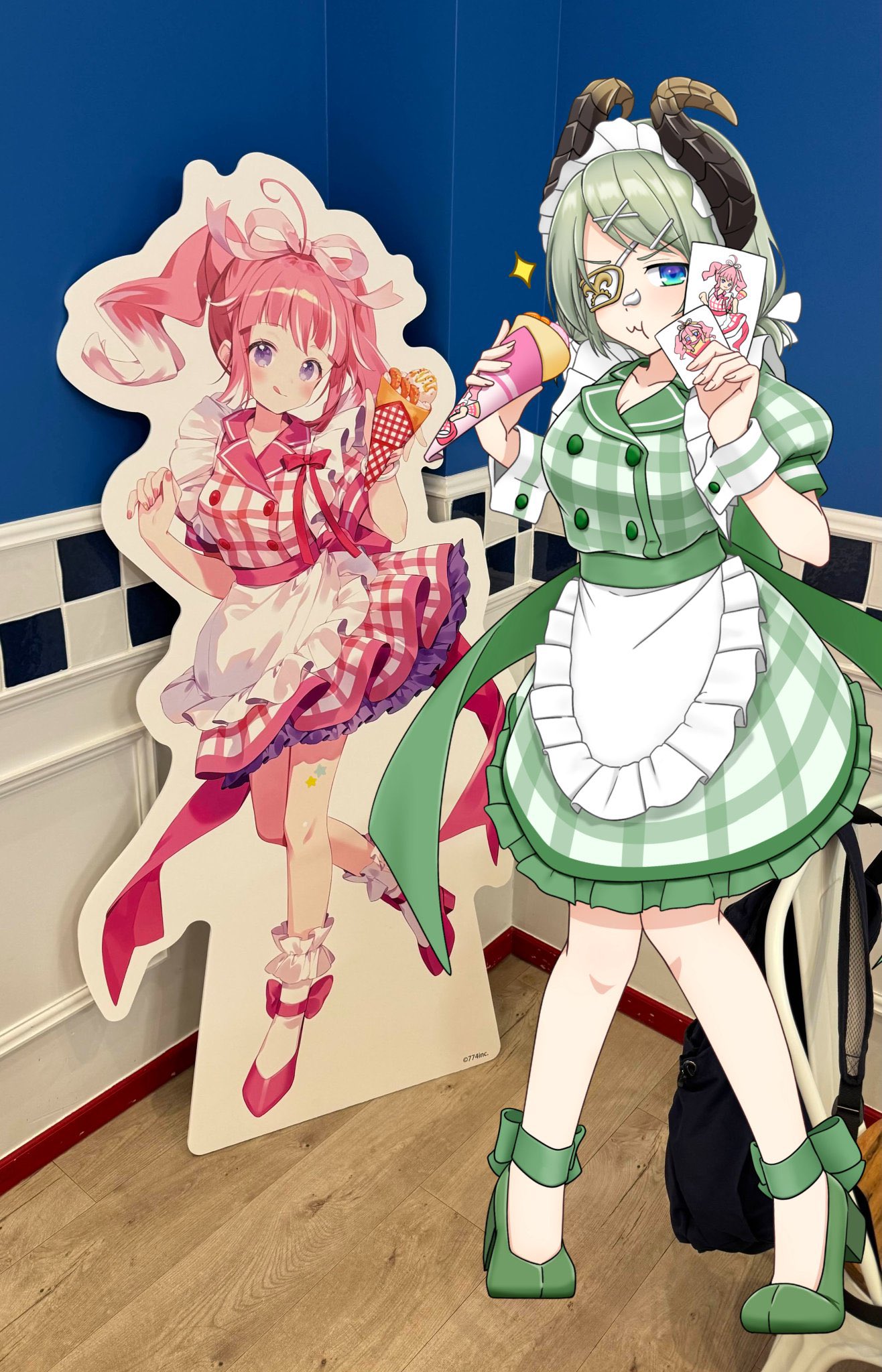 1girl, :3, :t, alternate_costume, apron, blue_eyes, blush, breasts
