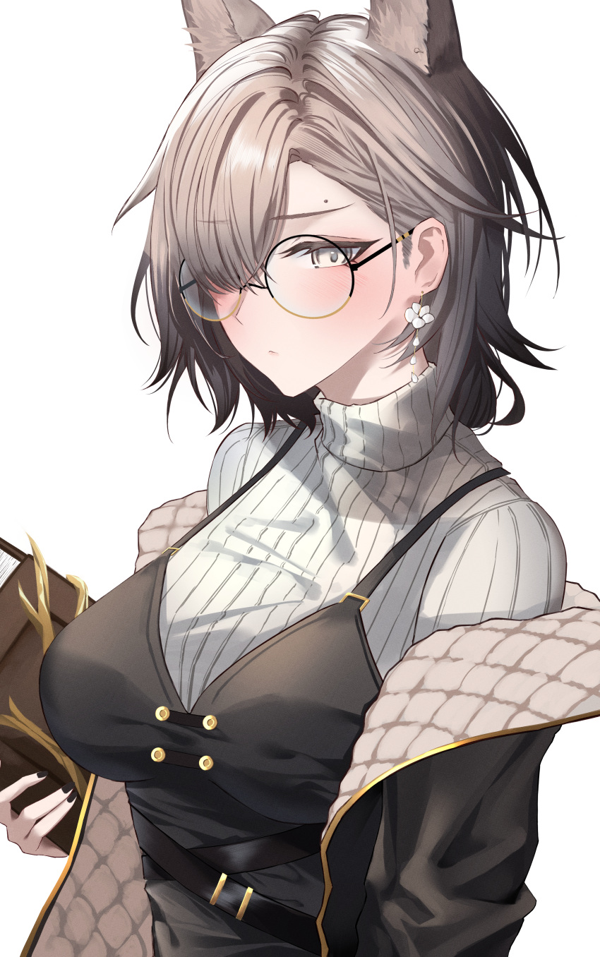 1girl, absurdres, animal_ears, arknights, black_jacket, black_nails, blush, book