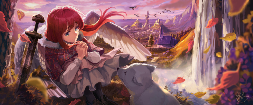 1girl, artist_name, autumn, bird, black_footwear, black_thighhighs, blue_eyes, building
