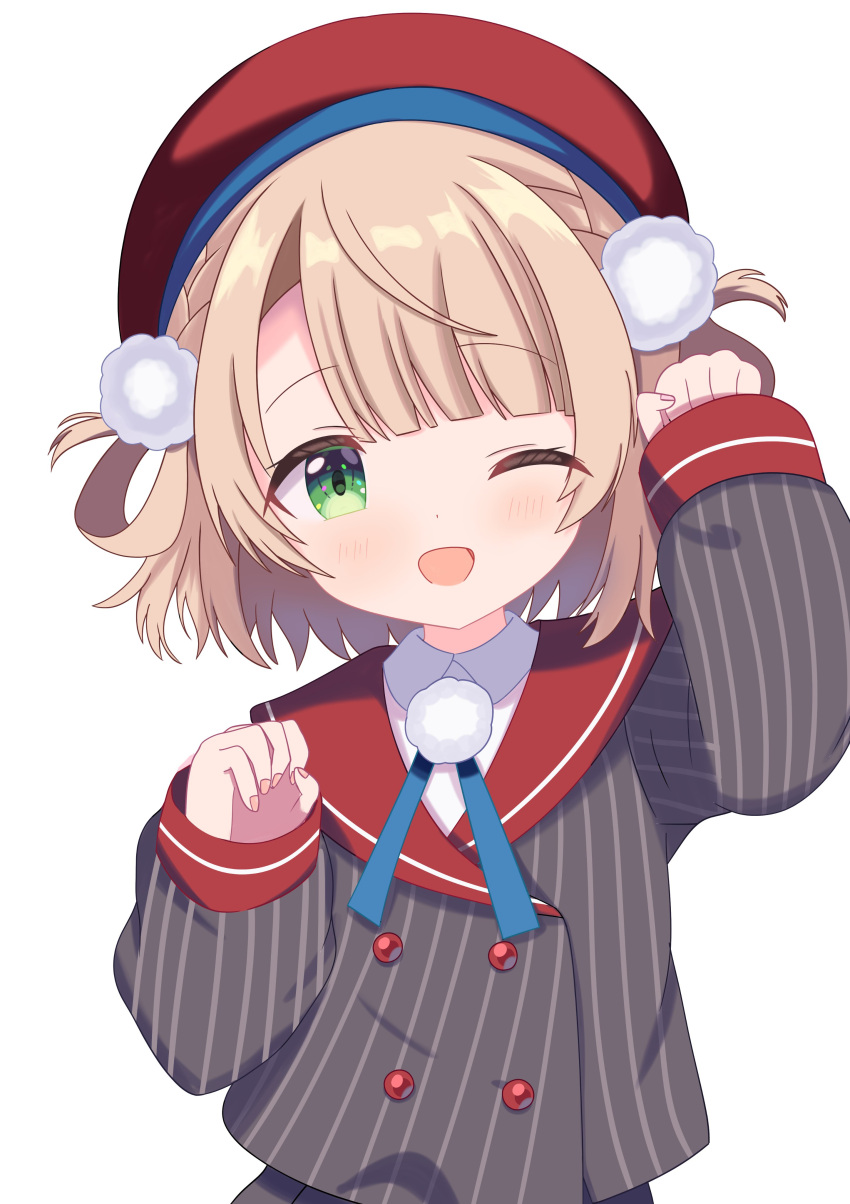 1girl, ;d, absurdres, aged_down, beret, blunt_bangs, blush, braid