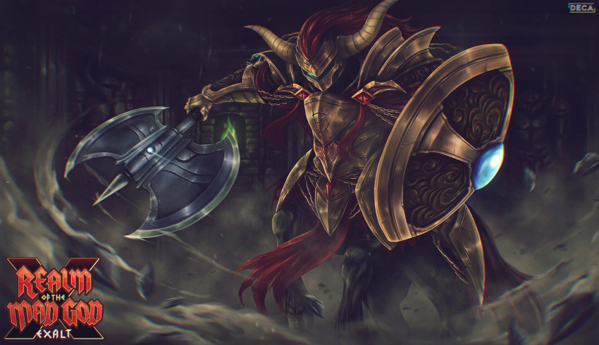 1boy, arm_armor, arm_shield, armor, attack_trail, axe, battle_axe, black_fur