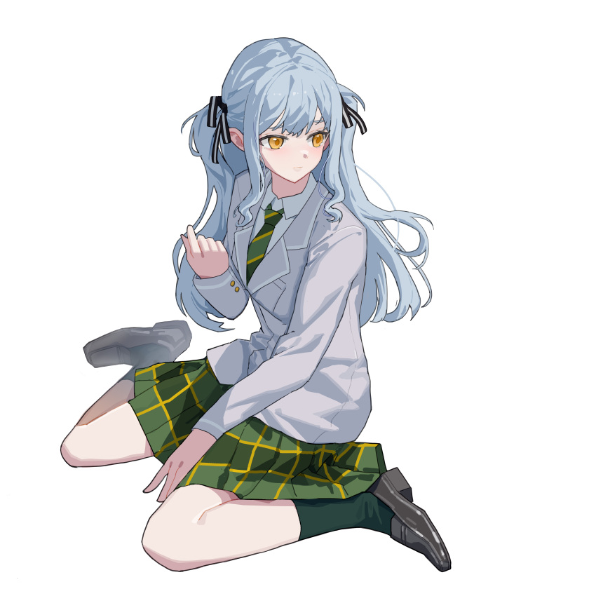 1girl, absurdres, bang_dream!, bang_dream!_it's_mygo!!!!!, black_footwear, black_ribbon, blazer, blue_hair, closed_mouth, collared_shirt, commentary, diagonal-striped_clothes, diagonal-striped_necktie, full_body, gan_xing_naobing, green_necktie, green_skirt, green_socks, grey_jacket, hair_ribbon, hand_up, highres, jacket, loafers, long_hair, long_sleeves, necktie, plaid_clothes, plaid_skirt, pleated_skirt, ribbon, shirt, shoes, sidelocks, simple_background, sitting, skirt, socks, solo, striped_clothes, striped_ribbon, togawa_sakiko, twintails, wariza, white_background, white_ribbon, white_shirt, yellow_eyes