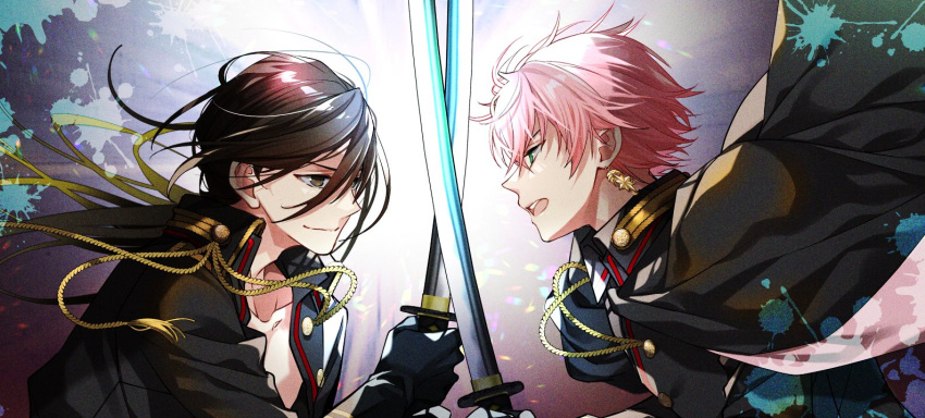 2boys, aiguillette, alternate_costume, black_cape, black_gloves, black_hair, black_jacket, black_shirt