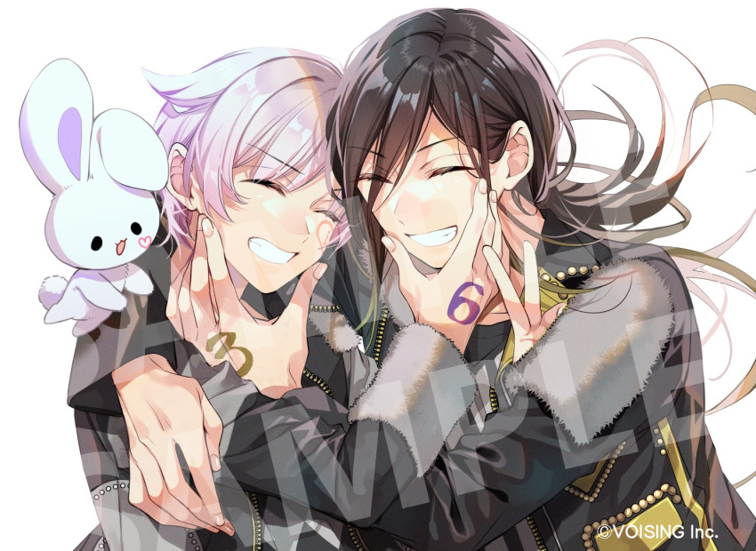 2boys, ^_^, arm_around_shoulder, black_hair, black_jacket, closed_eyes, collarbone, copyright_notice