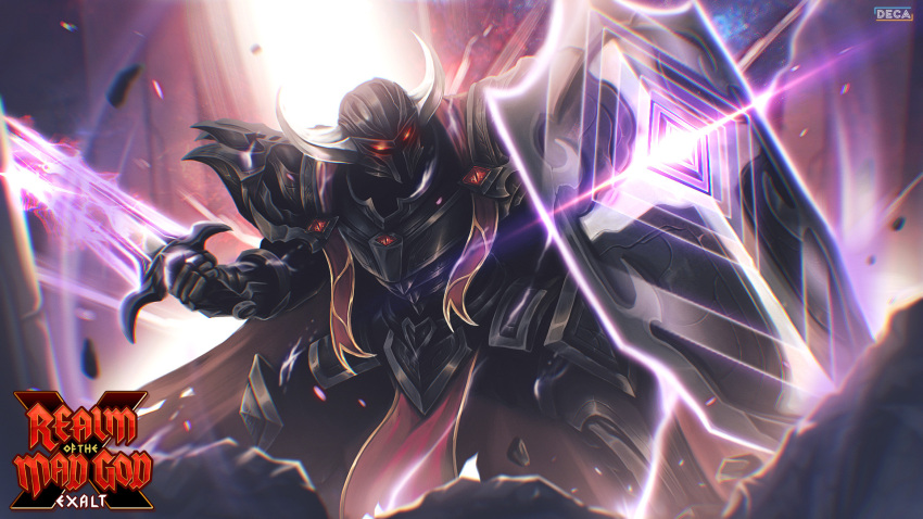 1boy, armor, backlighting, black_armor, black_pants, cape, company_logo, company_name