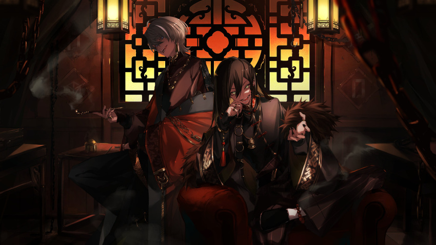 2boys, :d, absurdres, alternate_costume, anklet, architecture, armchair, black_footwear