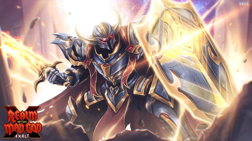 1boy, armor, backlighting, black_pants, cape, company_logo, company_name, copyright_name